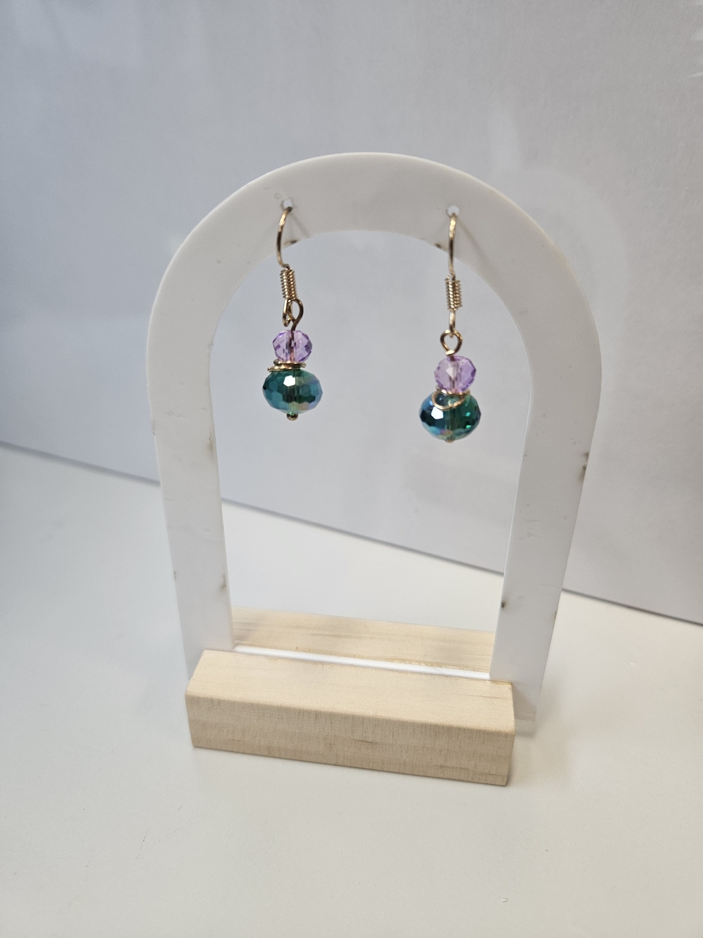 Gold Hook Earrings with Teal and Lavender Beads, Elegant Dangle Style